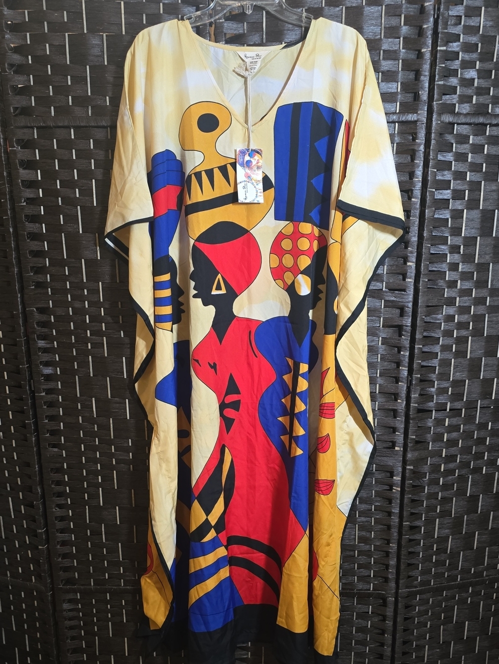 NWT Gypsie Blu Yellow African Art Tribal Print V-Neck Kaftan Maxi Dress One Size